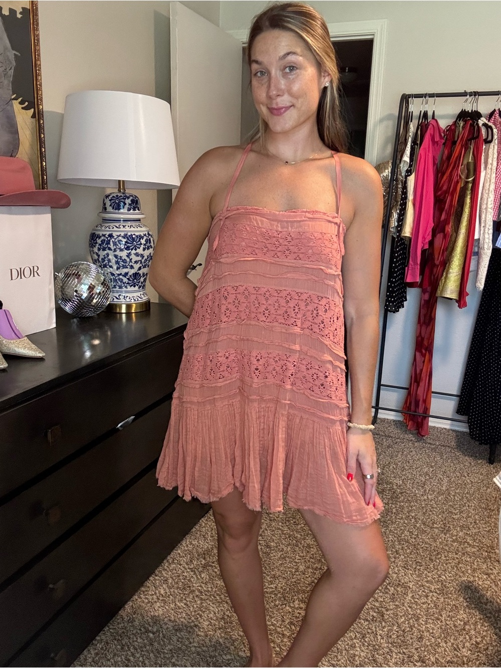 Free People coral/peachy mini dress with criss cross back